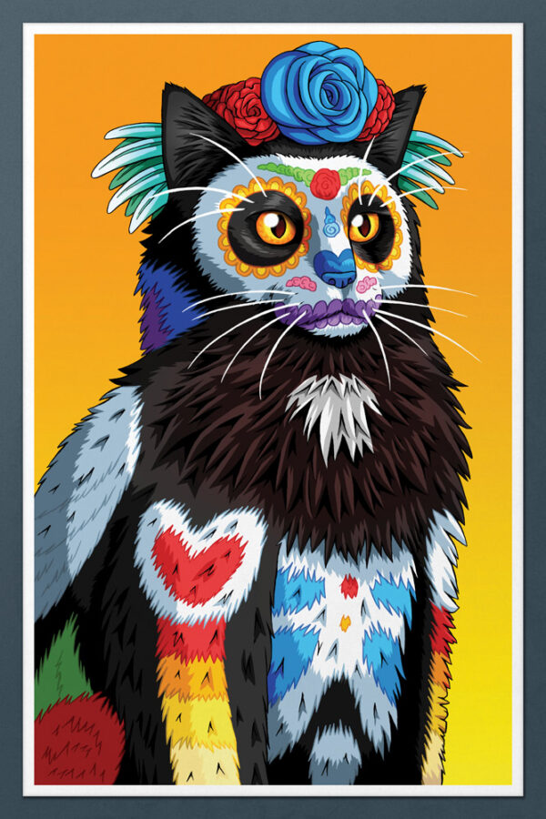 Day of the Dead Fluffy Black Cat Art Print - 