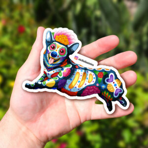 Day of the Dead Dog Running Corgi Sticker - "Ella"